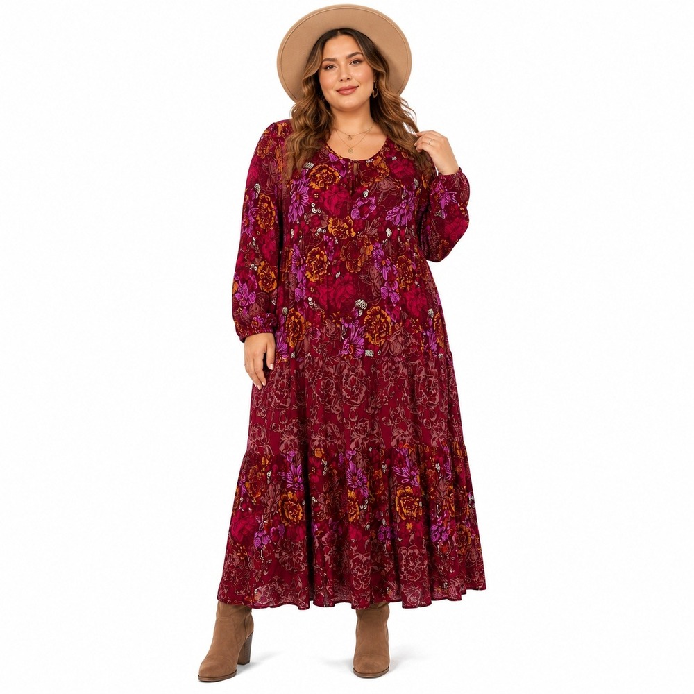 Margaux Riviera Floral Tiered Midi Dress Burgundy Boho Long Sleeve Size 1X